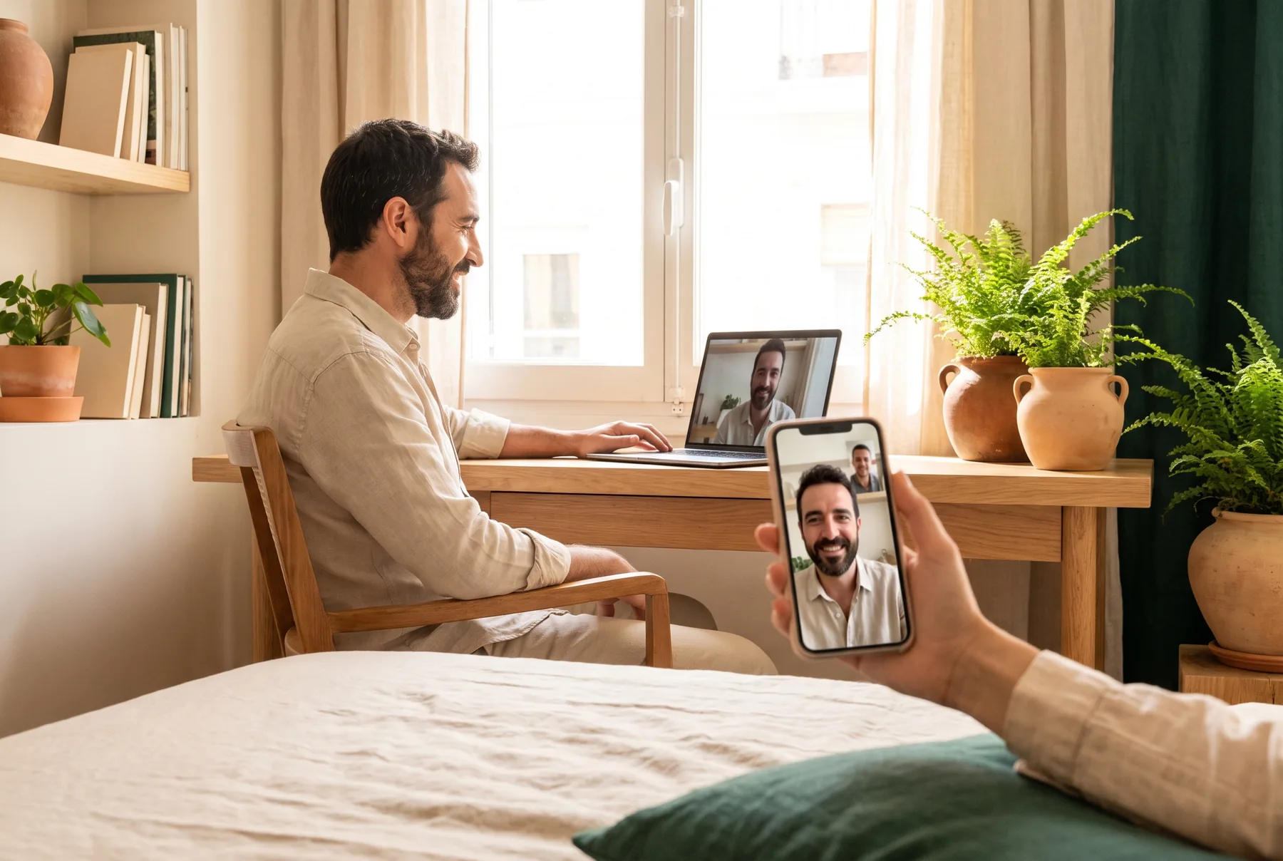 Un coach atiende a una persona por videollamada desde casa