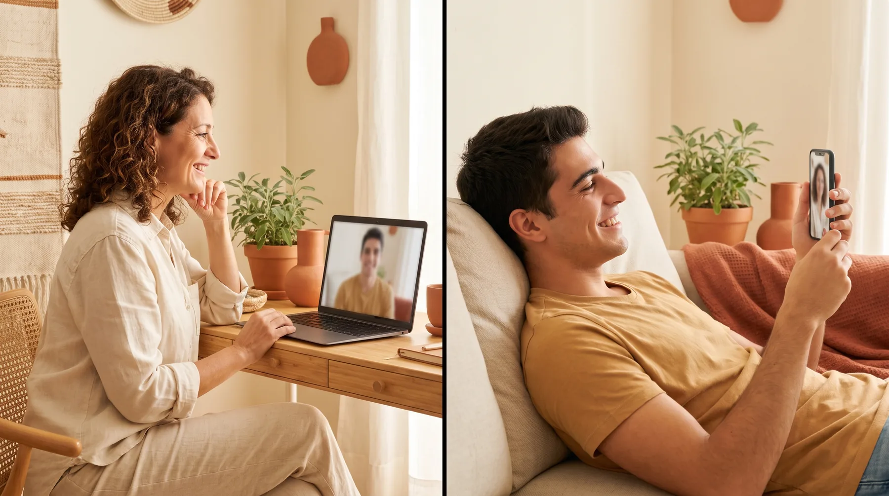 Un coach acompaña a su cliente en una sesión 1:1 por videollamada desde casa